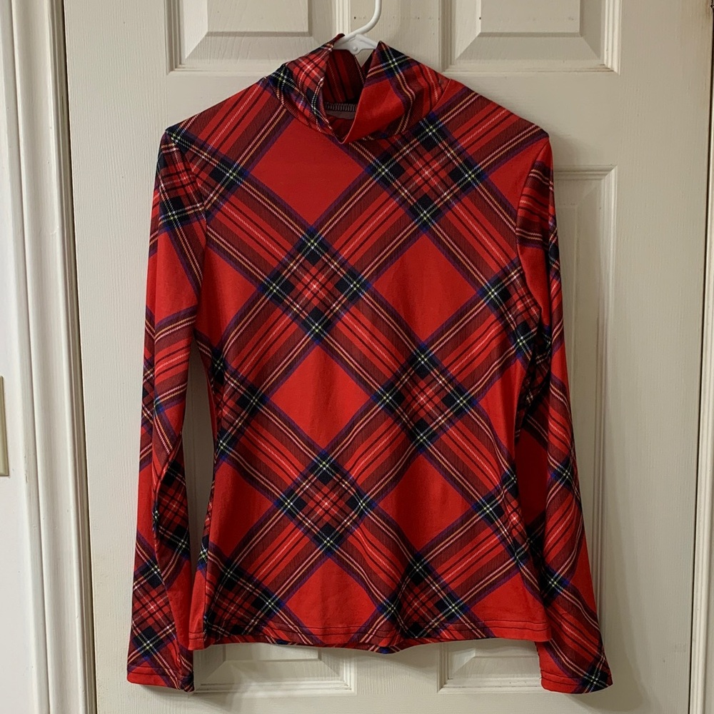 🌷3 for $25🌷Temu, US M, Red & Blue Plaid Long Sleeve Turtleneck Top, NWOT